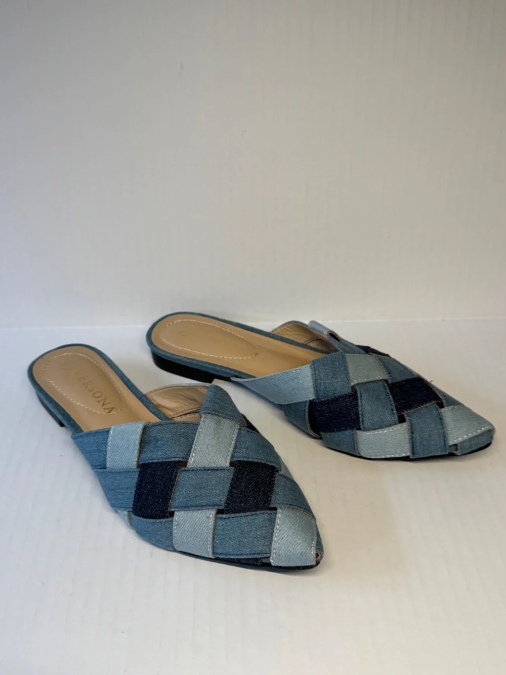 Woven Denim Mule Slides | Pointed Toe Flats | Size 6 | Blue Patchwork